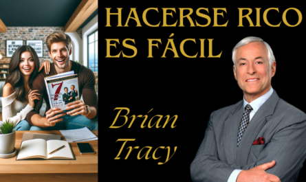 Crea una imagen vertical de una joven y atractiva pareja de emprendedores que parecen entusiasmados mientras leen un libro titulado "7" de Brian Tracy. La pareja está sentada junta en un salón moderno y acogedor, y la calidez y la ambición son evidentes en sus expresiones. Están compartiendo el libro, cada uno con una mano sobre él, inclinados uno junto al otro, simbolizando la asociación y los objetivos compartidos. En primer plano, muestra de forma destacada la portada del libro con el título "7" y el nombre de Brian Tracy visible. Incluye un pie de foto en la imagen que diga: "Hacerse rico es fácil: LOS 7 PASOS DE BRIAN TRACY" e incluye la URL: https://www.emprendedoresenred.org/ en un tipo de letra claro y legible. El escenario es acogedor y está lleno de símbolos del espíritu empresarial, como un ordenador portátil, un bloc de notas y citas inspiradoras en la pared.