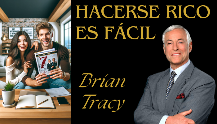 Crea una imagen vertical de una joven y atractiva pareja de emprendedores que parecen entusiasmados mientras leen un libro titulado "7" de Brian Tracy. La pareja está sentada junta en un salón moderno y acogedor, y la calidez y la ambición son evidentes en sus expresiones. Están compartiendo el libro, cada uno con una mano sobre él, inclinados uno junto al otro, simbolizando la asociación y los objetivos compartidos. En primer plano, muestra de forma destacada la portada del libro con el título "7" y el nombre de Brian Tracy visible. Incluye un pie de foto en la imagen que diga: "Hacerse rico es fácil: LOS 7 PASOS DE BRIAN TRACY" e incluye la URL: https://www.emprendedoresenred.org/ en un tipo de letra claro y legible. El escenario es acogedor y está lleno de símbolos del espíritu empresarial, como un ordenador portátil, un bloc de notas y citas inspiradoras en la pared.