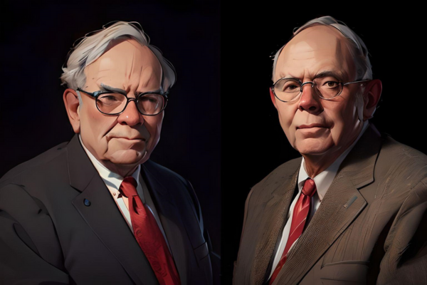 La imagen muestra dos figuras estilizadas que parecen representar a dos hombres mayores, vestidos formalmente con trajes y corbatas. A la izquierda, Warren Buffett, la figura luce un traje oscuro y corbata roja, con gafas y una expresión seria. A la derecha, Charlie Munger, la otra figura viste un traje en tonos más claros, también con corbata roja y gafas, y tiene una expresión más neutral. Ambas figuras están posando con un fondo oscuro, lo que resalta sus características y vestimenta. La luz y la sombra en la imagen están trabajadas de tal manera que dan un efecto dramático y resaltan la textura de sus rostros y la formalidad de su atuendo. https://www.emprendedoresenred.org/