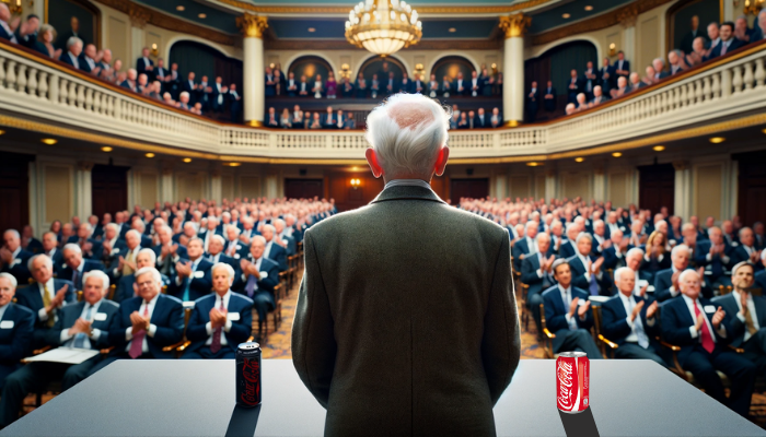 Imagen horizontal capturada detrás de un distinguido caballero de edad avanzada, Warren Buffett, que se asemeja a un inversor experimentado, que se encuentra frente a una junta de accionistas de una empresa llamada 'Berkshire Hathaway'. Está de cara a la audiencia y el punto de vista está detrás de él, mirando hacia los accionistas y el gran salón. Los accionistas están en actitud respetuosa, aplaudiendo silenciosamente en un momento de silencio en recuerdo a Charlie Munger. La decoración del salón debe ser majestuosa y elegante, con una lata de coca cola visible sobre la mesa del orador como detalle sutil. https://www.emprendedoresenred.org/