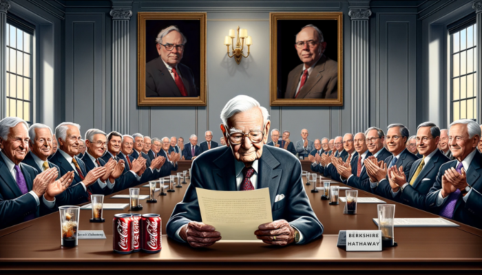 Imagen de un distinguido anciano, Warren Buffett, con un comportamiento similar al de un inversor experimentado, al frente de una majestuosa sala de juntas. Está en una junta de accionistas de una empresa llamada 'Berkshire Hathaway', leyendo una carta. En la mesa junto a él, coloca una lata de refresco. Detrás de él, en la pared, se incluye un retrato de un anciano sabio, Charlie Munger, que parece un viejo socio comercial. Al fondo se puede ver al público de accionistas, algunos de ellos aplaudiendo, capturando un momento de agradecimiento y respeto. https://www.emprendedoresenred.org/